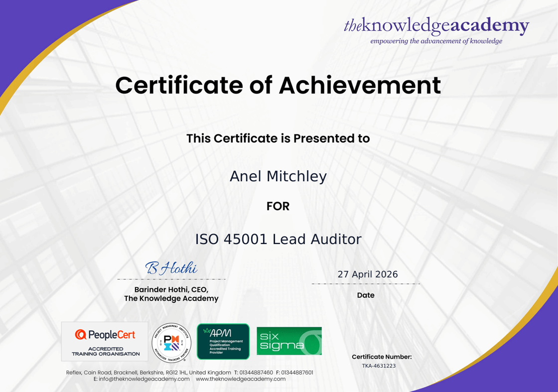 Compliance Managers Group proudly congratulates Anel Gray on achieving ISO 45001 Lead Auditor qualif Compliance Managers - Compliance Managers Group proudly congratulates Anel Gray on achieving ISO 45001 Lead Auditor qualif